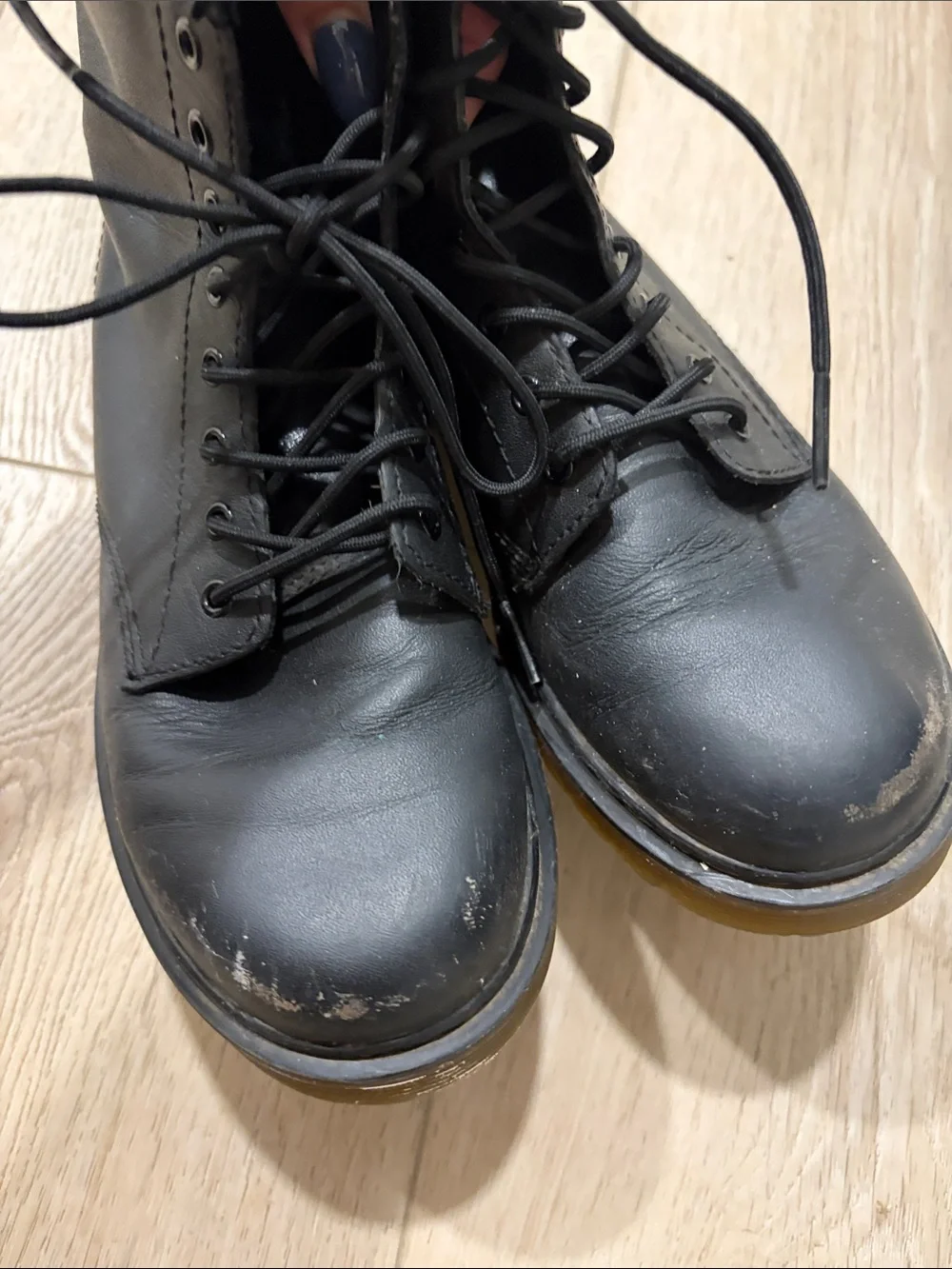 Dr. Martens Black Leather Kids Lace-Up Boots with Yellow Stitching
